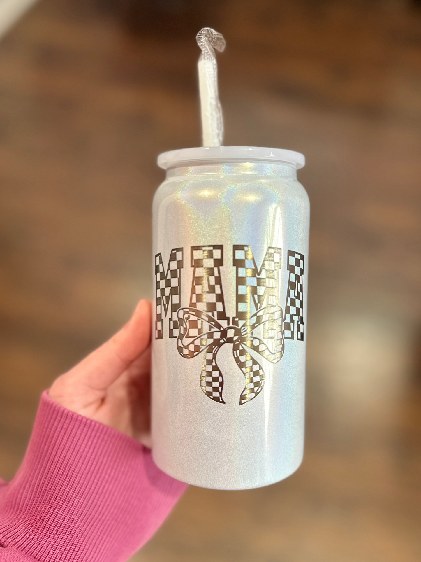 Mama & Checkered Bow 16oz Can Tumbler