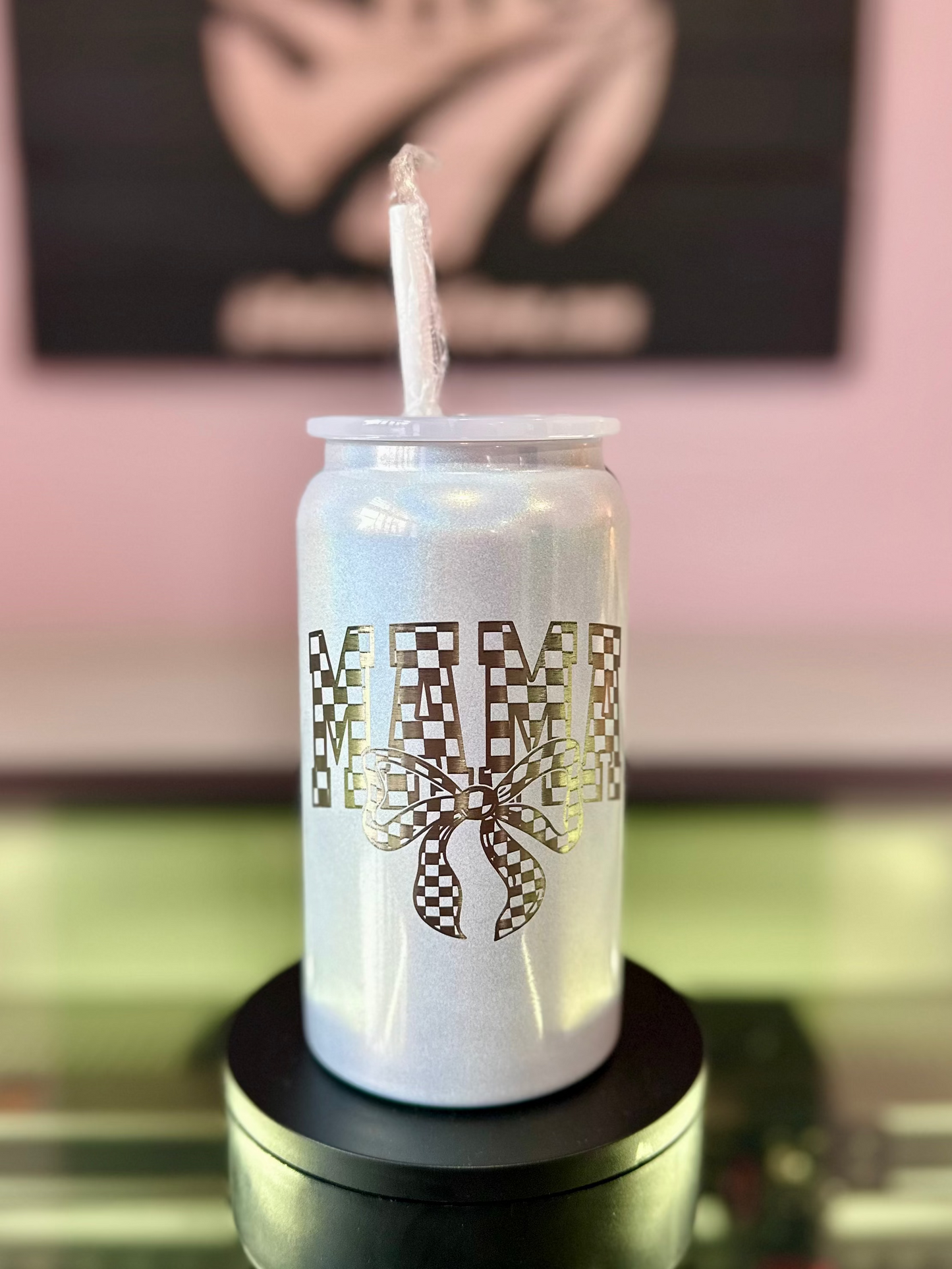 Mama & Checkered Bow 16oz Can Tumbler
